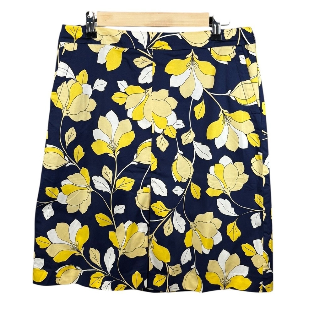 Talbots Petites Navy Blue Yellow Floral Cotton Pencil Skirt 8P NEW